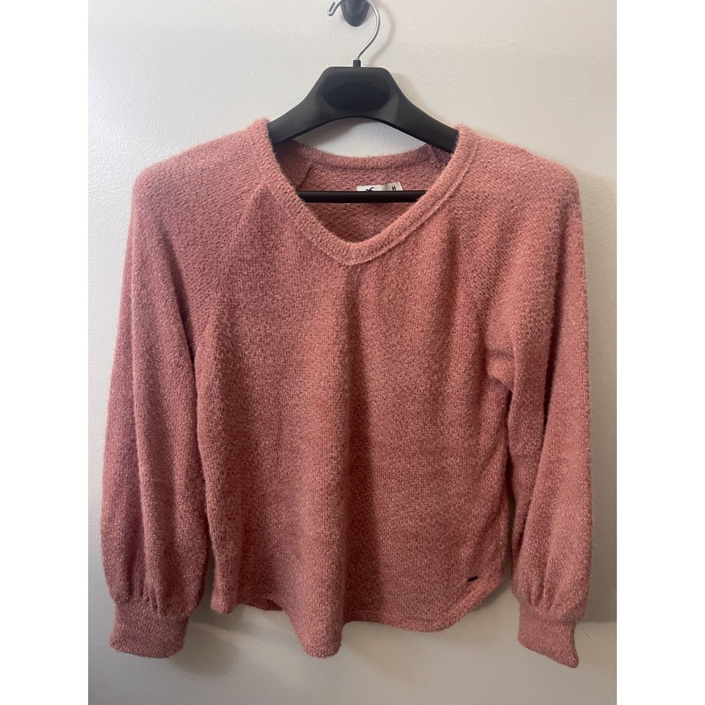 Hollister Womens Dusty Rose Pink Fuzzy Eyelash Knit V-Neck Raglan Sweater Size M